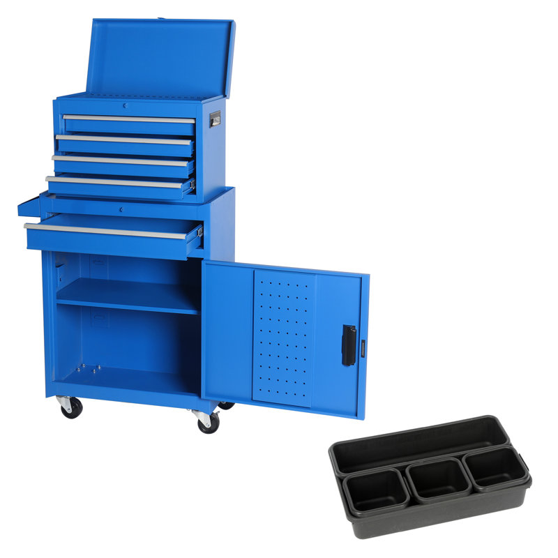 Armoire à outils roulante à 5 tiroirs avec boîte à outils amovible et roues verrouillables, Bleu