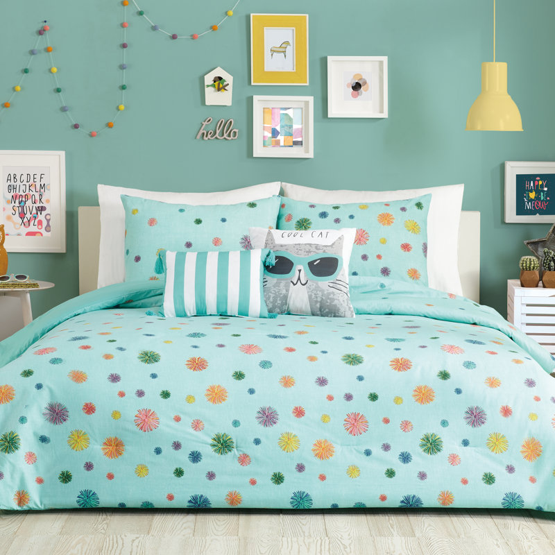 Raining Pom Poms Turquoise Comforter Set with 2 Decorative Pillows, Queen