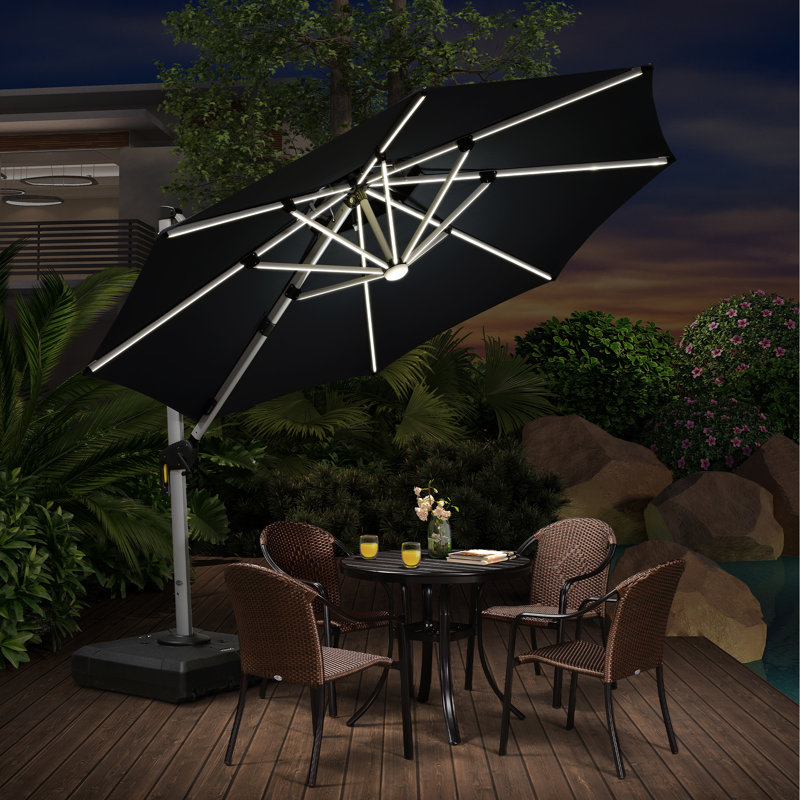 Lilibeth 10/11 FT Round Lighted Cantilever Umbrella With Base, 108" H x 120" W x 120" D, Black