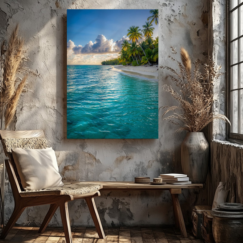 Toile, scène sereine de plage tropicale avec des eaux turquoise transparentes, H 30 po x l 30 po