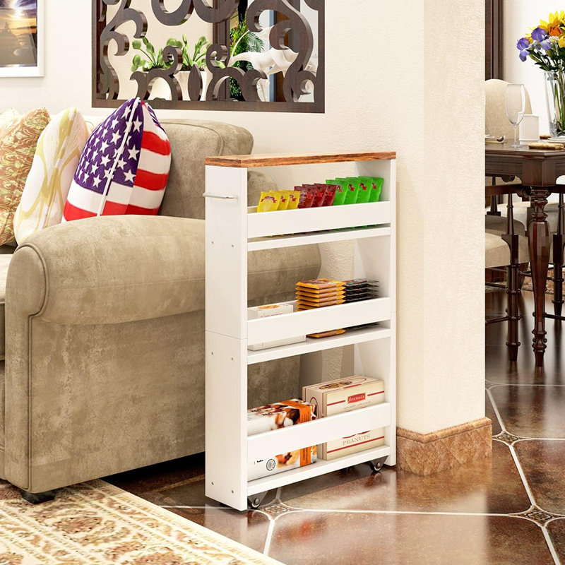 4 Tier White Slim Storage Cart With Handle, Slide Out Sto...
