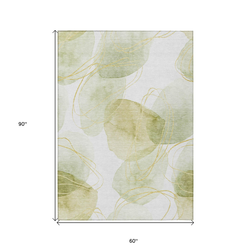 Tapis intérieur lavable antidérapant abstrait vert et ivoire 5 pi x 8 pi