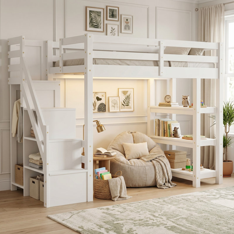 Lit mezzanine avec garde-robe intégré et tablettes, Simple