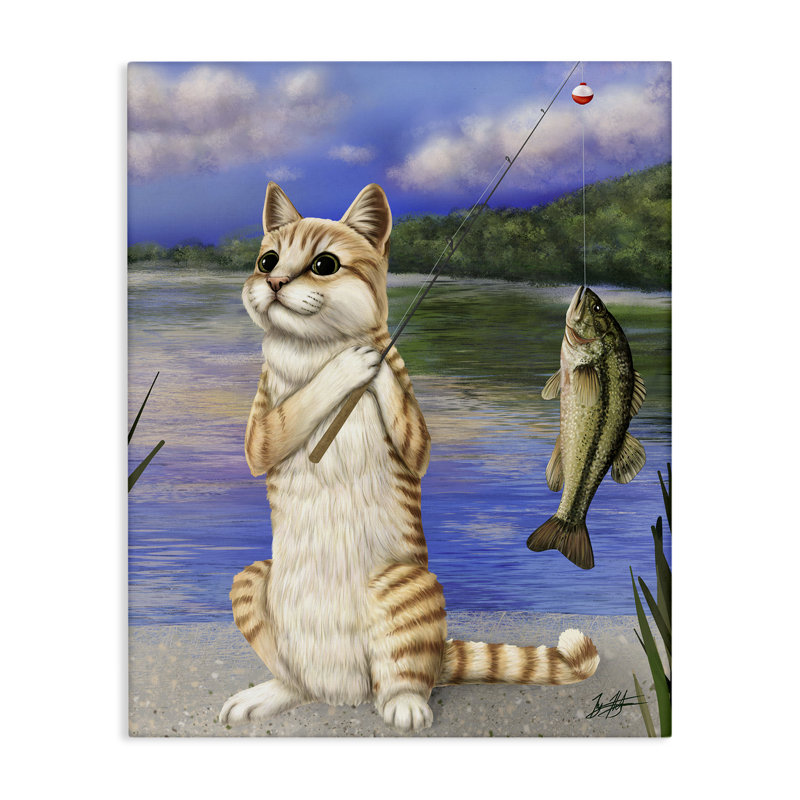 «Fishing Cat» par Lake, art mural sur toile par Mehu Art, H 40 po x l 30 po