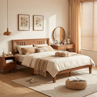 Mid Century Solid Wood Platform Bed with Headboard, Wood Slat Support, No Box Spring Needed