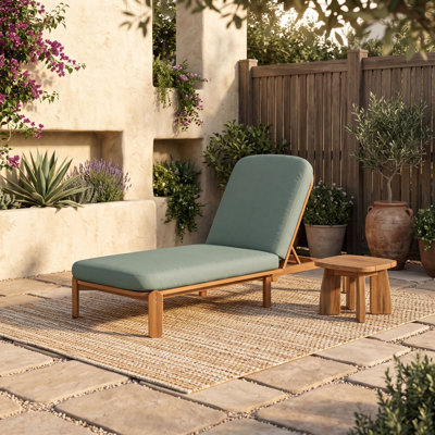 Acacia Wood Outdoor Chaise Lounge with Adjustable Reclining Backrest and Thick Cushions for Pool, Garden, Balcony