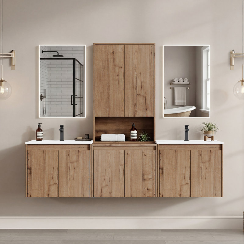 72" Floating Double Bathroom Vanity with Upper Cabinet, Ceramic Sink and Handle-Free Design, 72", Natural Wood
