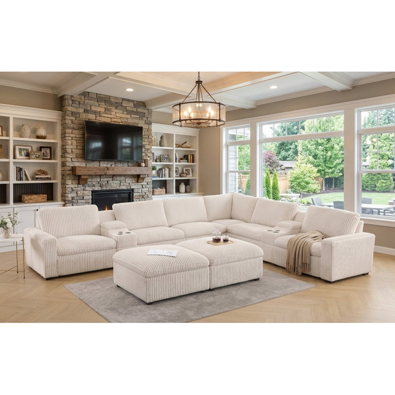 Josilyn 168.5" W 10-Piece Corduroy Power Reclining Sectional with Storage, Alabaster White Corduroy