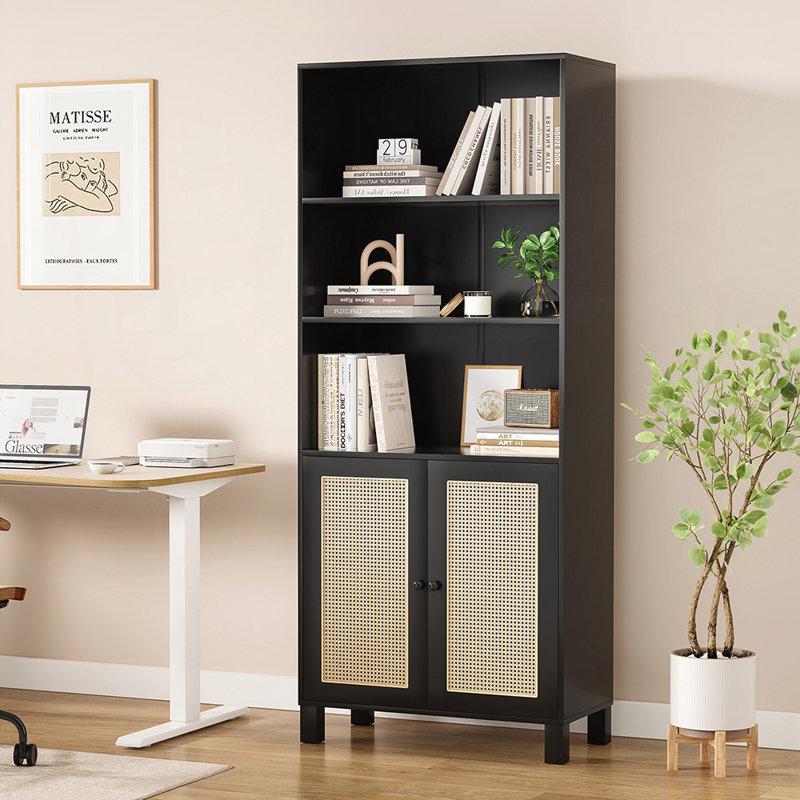 Stylish Rattan Door Bookcase with Ample Storage, Versatile Design for Modern and Rustic Decor., Black