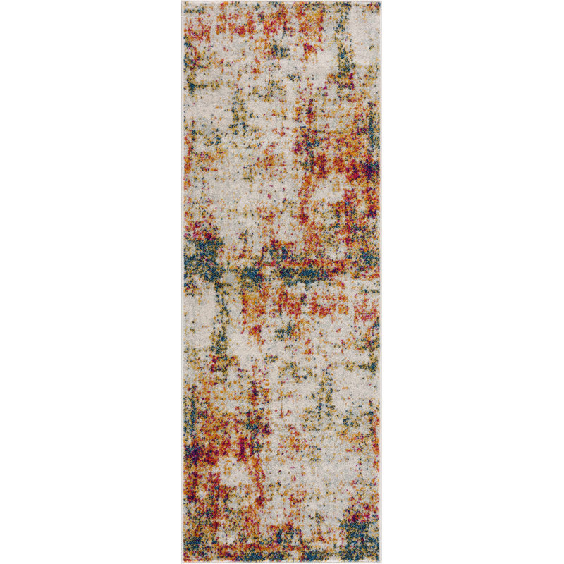 Tapis orange / beige / rouge en polypropylène tissé à la machine, Tapis de couloir 2 pi 7 po x 7 pi 3 po