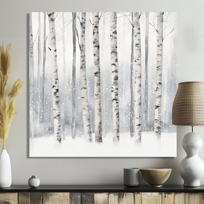 Art mural scandinave en bouleau, toile d'hiver nordique, bouleaux en neige douce