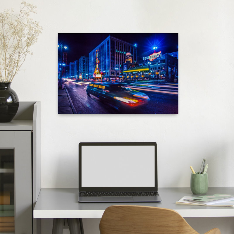 Car at night city street Woodward Avenue Downtown Detroit Michigan USA 1 Piece Wrapped Canvas Wall Art, 40.64cm H x 60.96cm W
