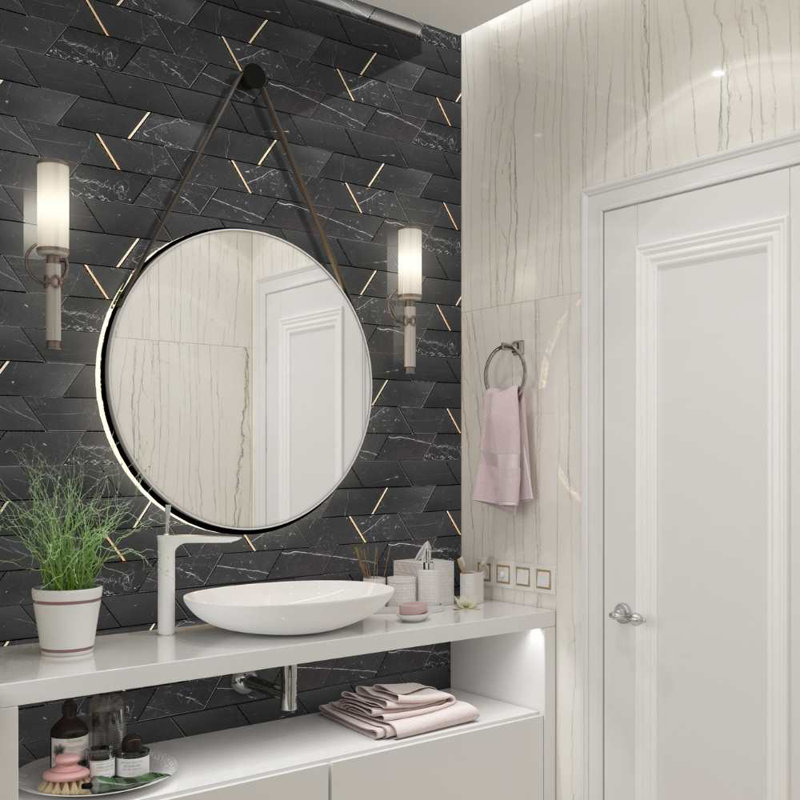 Stately Avenue 11" x 12" Porcelain Marble Look Tile, Marquina Black