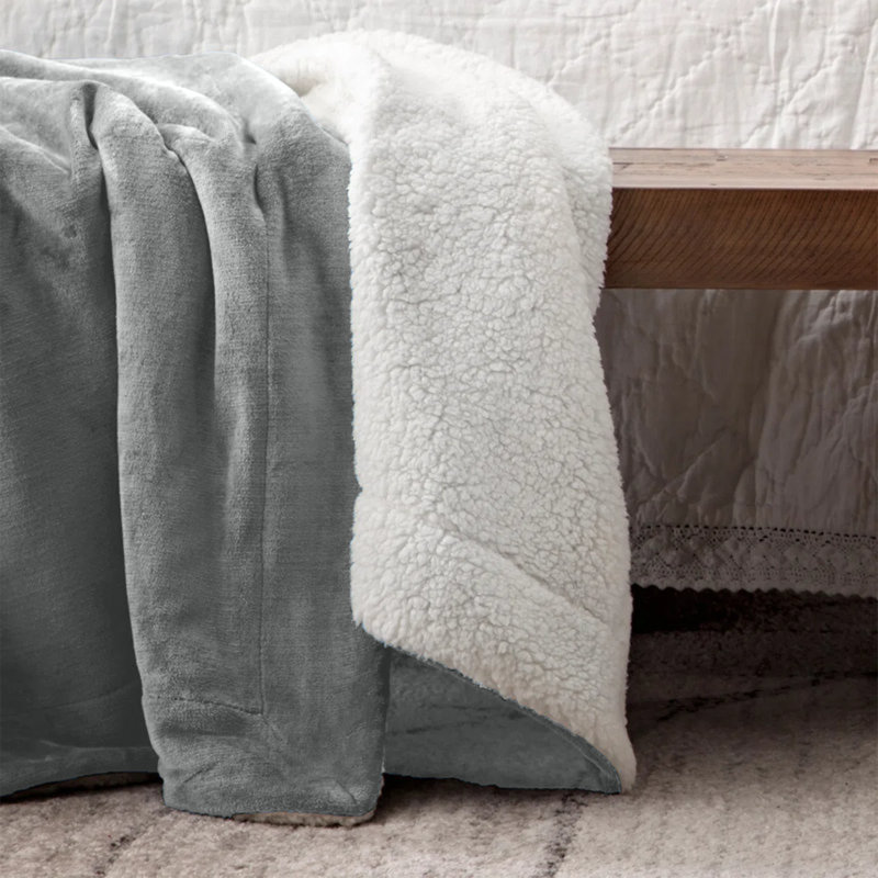Reversible Soft Sherpa Fleece Fur Thick Dual Sided Blanket Throw, 150cm x 200cm, Silver