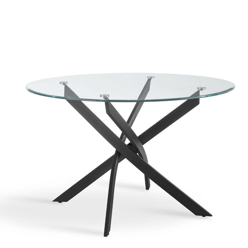 Round Glass Top Metal Base Dining Table, 75cm H x 120cm L x 120cm W, Black