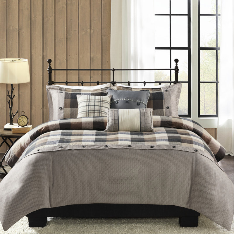 Housse de couette à chevrons pour très grand / très grand lit avec imprimé à carreaux et coussins décoratifs, Brown