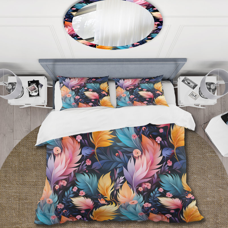 Ensemble de housse de couette à motif floral rose et bleu, Housse de couette pour grand lit et 2 taies décor