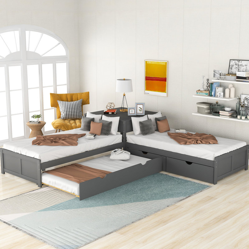 Lit plateforme gris en forme de L avec bureau, tiroirs et lit gigogne - pin et lit simple, pour une chambre gracieuse, Gris