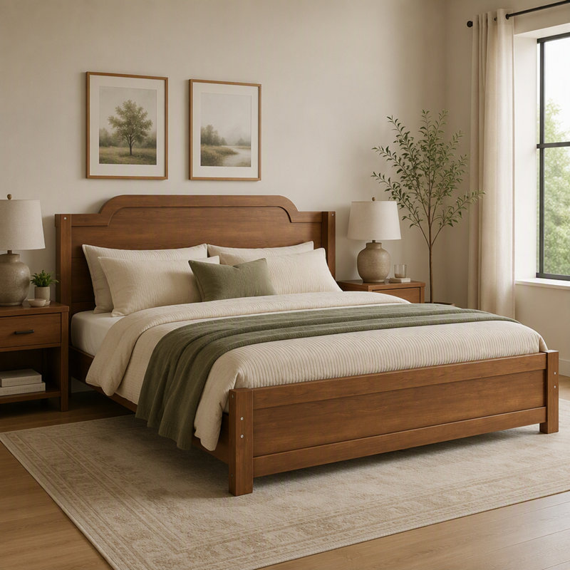 Lit plateforme Queen en bois massif, design minimaliste avec tête de lit finition marron, montage facile, sommier non requis, cadre de lit traditionnel en bois