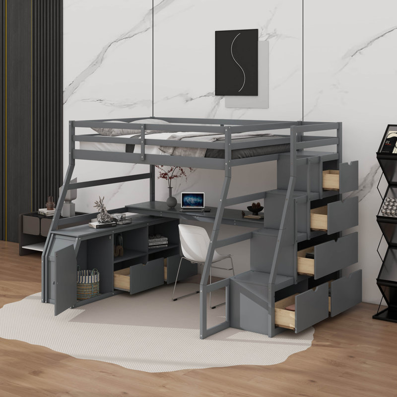 Lit mezzanine double avec tiroirs et bureau, Gris, Lit double
