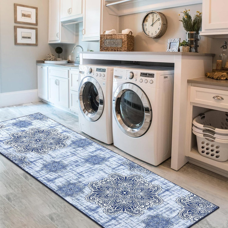 2x6 Vintage Washable Runner Rug – Non-Slip, Low Pile, Retro Indoor Carpet for Kitchen, Entryway, Laundry, Beige-Grey