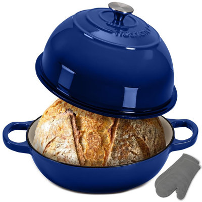 Four à pain en fonte émaillé de 10,2 po Nuthausf, plaque de cuisson au levain en forme de dôme avec poignées et gants en silicone, allant au four jusqu'à 500 ° F, allant au lave-vaisselle (allant au lave-vaisselle) (bleu)