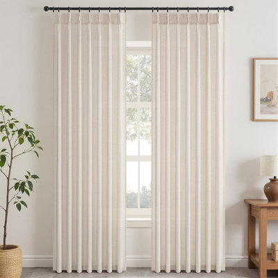 Pleated Linen Curtains, Semi Sheer Light Filtering Pinch Pleat with Hooks and Rings,Back Tab Drapes,Set of 2