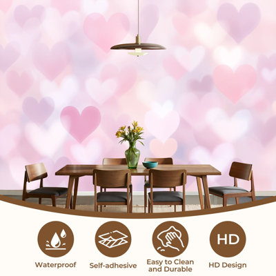 Animals Kids Peel and Stick Wallpaper Pink White Heart Soft Pastel Watercolor Wall Murals 100"H x 144"W Removable PVC Wall Paper Self-Adhesive Wall Decor for Bedroom Living Room Nursery