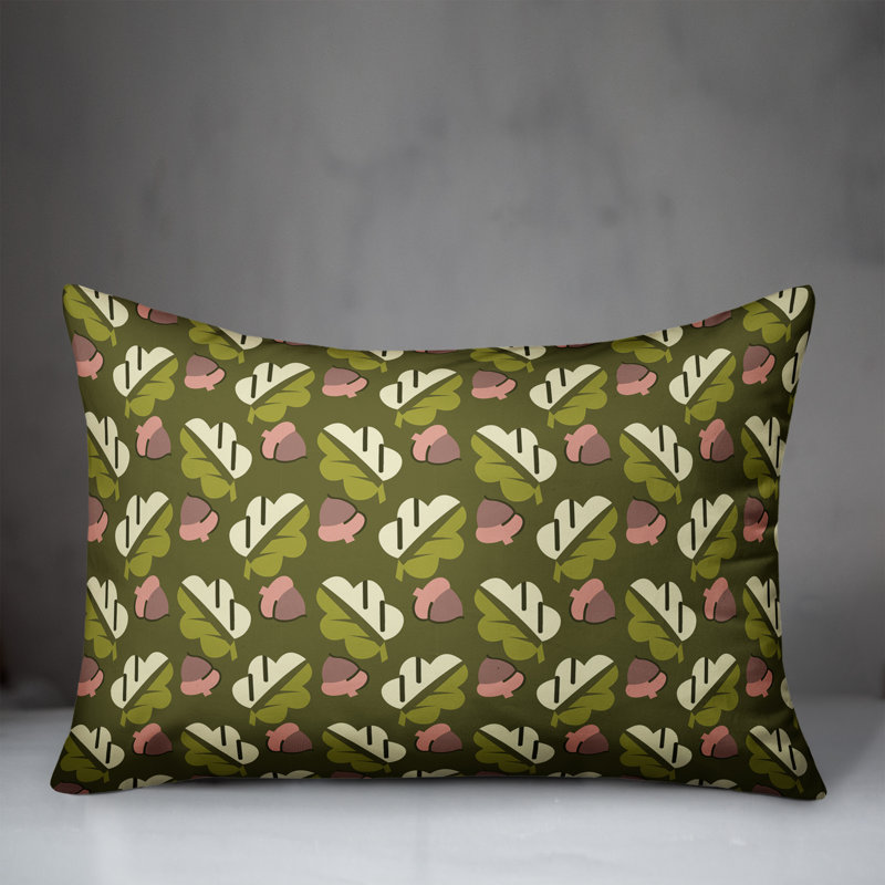 Coussin lombaire à glands et feuilles, Vert / Gris / Rose