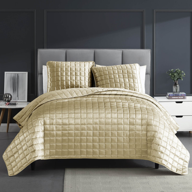 Lyndon Gold Shimmer Velvet King Coverlet Set - 3 Pieces