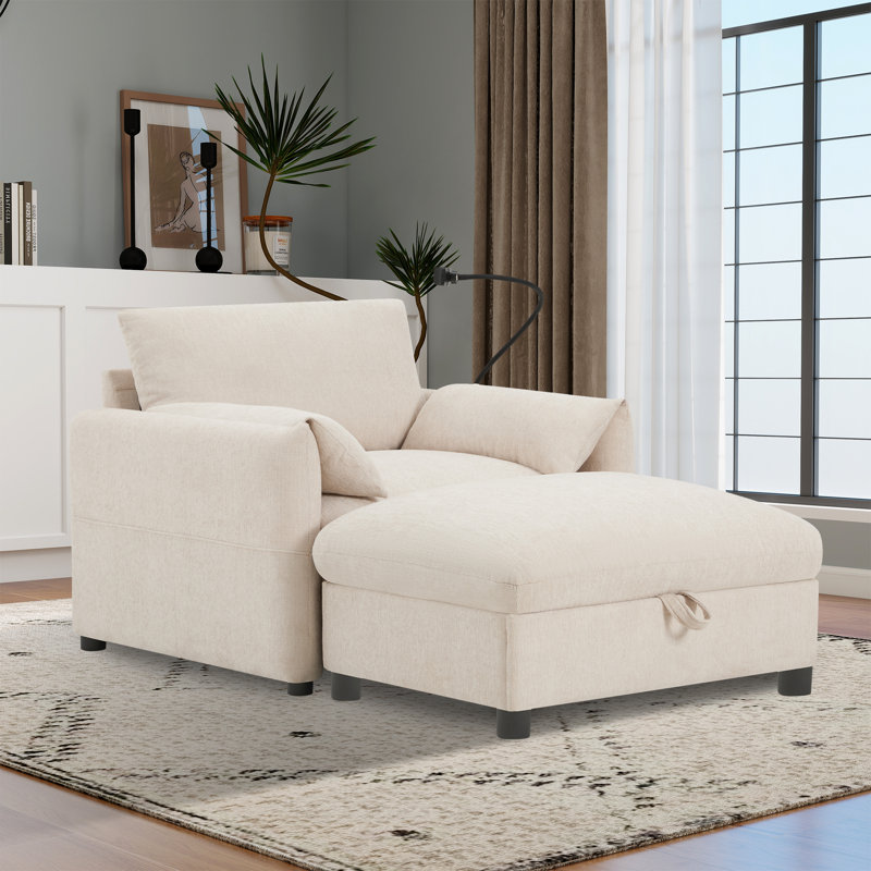 Chaise Lounge Chair Indoor With Storage Ottoman,Chenille Sofa With Usb Port,Cup Holders&Side Pockets, Beige
