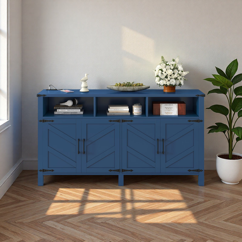 59'' Modern 4-Door Sideboard Buffet With Power Outlets & USB Ports, Adjustable Shelves And Half-Open Storage Cabinet, Metal Accents & Aluminum Handles For Living Room, Dining Room, Entryway