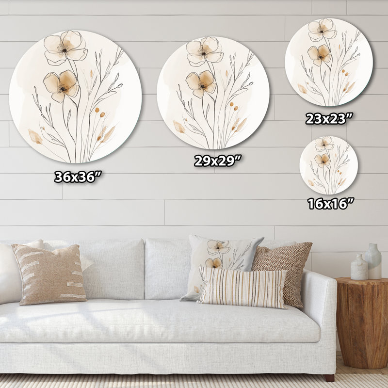 Minimalist Line Florals In Beige - Décoration murale abstraite florale en métal ronde, L 36 po x H 36 po