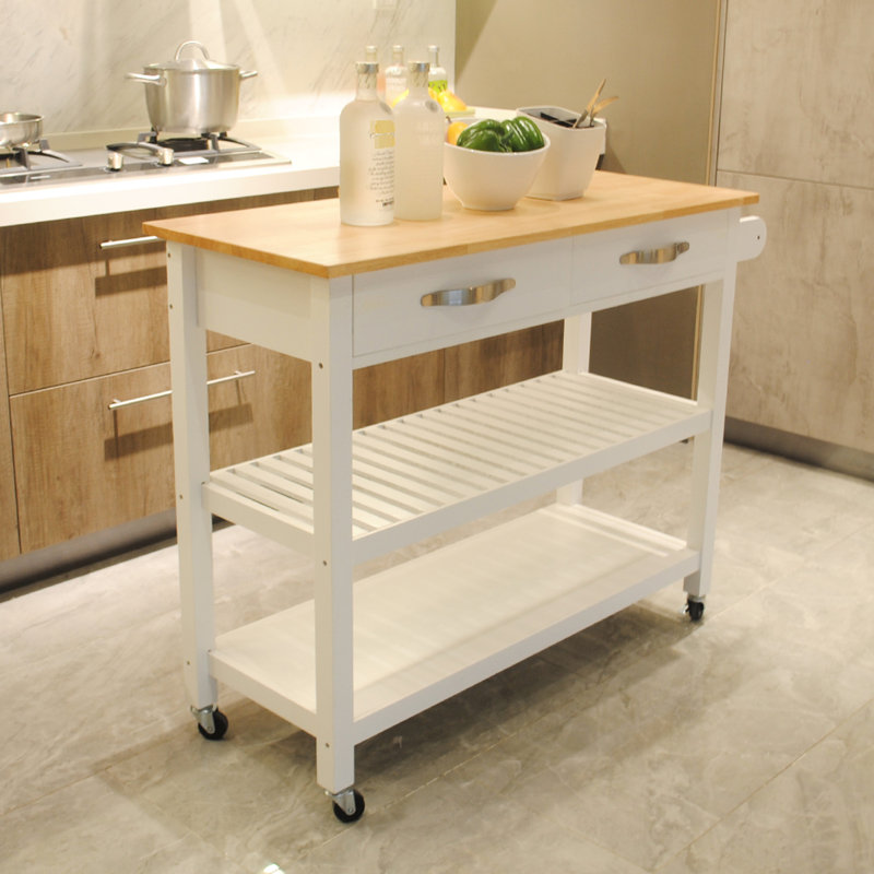 Chariot de cuisine, grande capacité et îlot de rangement mobile avec intérieur spacieux, roues verrouillables en bois d'hévéa