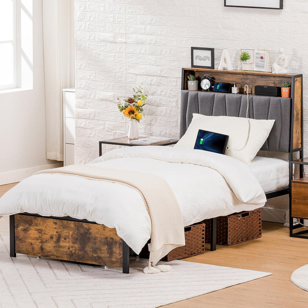 Bed Frame with Storage Headboard, Metal Platform Bed with Smart LED Lights, Charging Station and Footboard Drawers, Easy Assembly, No Box Spring Needed Wrought Studio™