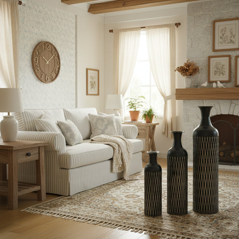 Ensemble de 3 vases de plancher en métal noir mat Modern Modern pour salon, vestibule et bureau