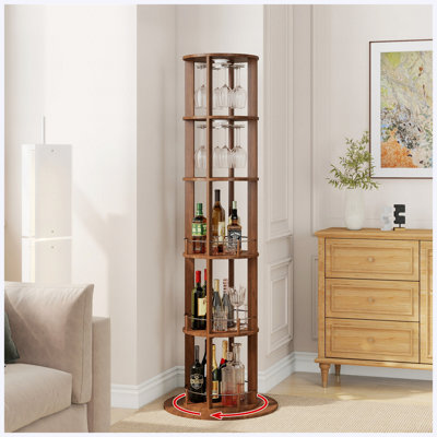 Casier à vin rond rotatif à 360° de 185 cm de hauteur avec porte-verres, meuble bar à vin autoportant à 3 niveaux avec base stable, MDF et métal, finition noyer