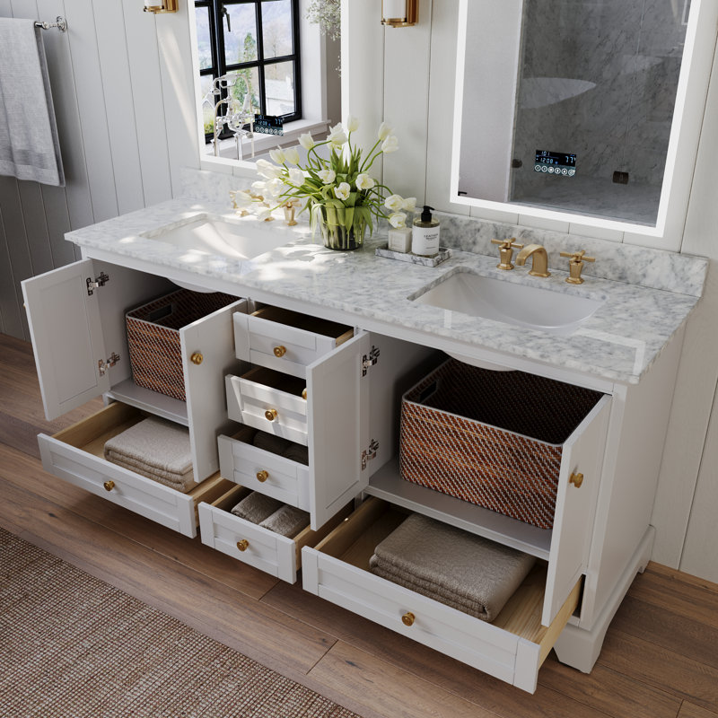 Meuble-lavabo double 72 po Audrey, Blanc | Or brossé