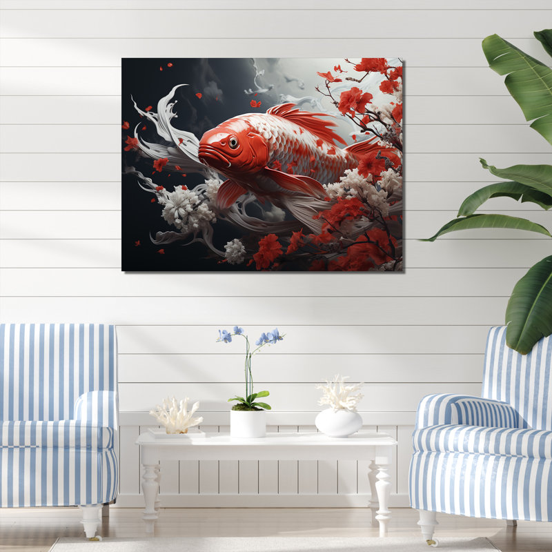 " Red And Grey Kois Fish Swimming With Serenity IV ", 16" H x 32" W x 1" D, Wrapped Canvas