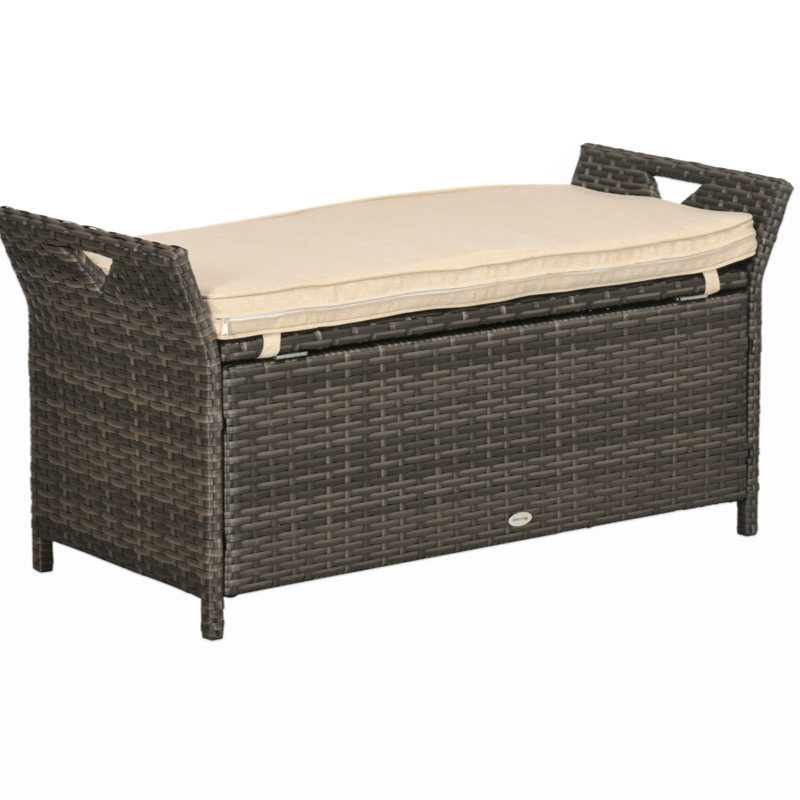 Outsunny Gallon Patio Wicker Storage Bench, Outdoor Patio Furniture, -In- Large Capacity Rectangle Garden Storage Box With Handles And Cushion, Cream
