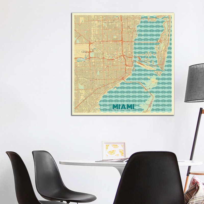 Miami Retro Urban Blueprint Map 1 Piece Wrapped Canvas Wall Art, 93.98 cm H x 93.98 cm W x 1.91 cm D