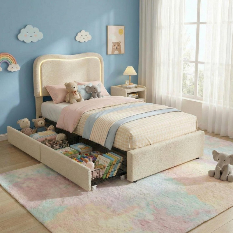 Twin Size Boucle Bed Frame Upholstered Platform with 2 Storage Drawers & LED Headboard, Solid Wood Slats Support for Kids, Beige