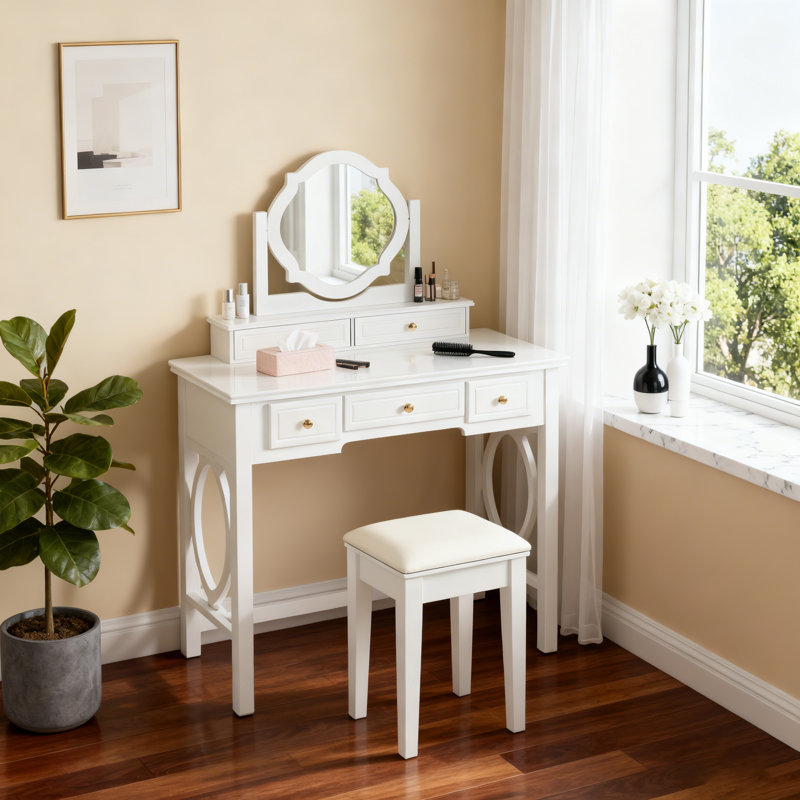 Compact Makeup Vanity Table with Reversible Mirror, Dressing Table Set with Stool, Space-Saving Beauty Station for Small Places, White