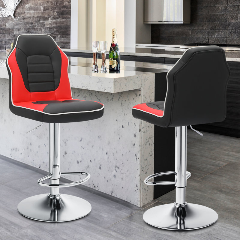 Modern Racing Style Bar Stools Adjustable Swivel Barstools, Counter Height Chairs Seat with Footrest, Black/Red