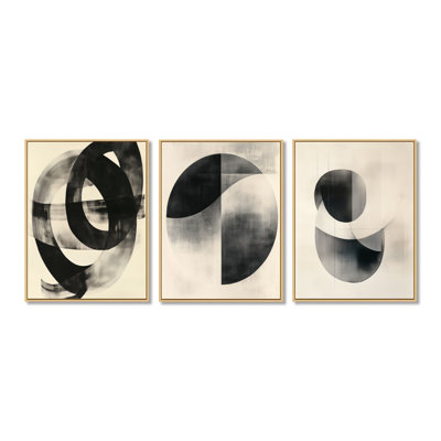 Géométrie noire et blanche «Minimal Curves II», ensemble de 3 toiles abstraites encadrées