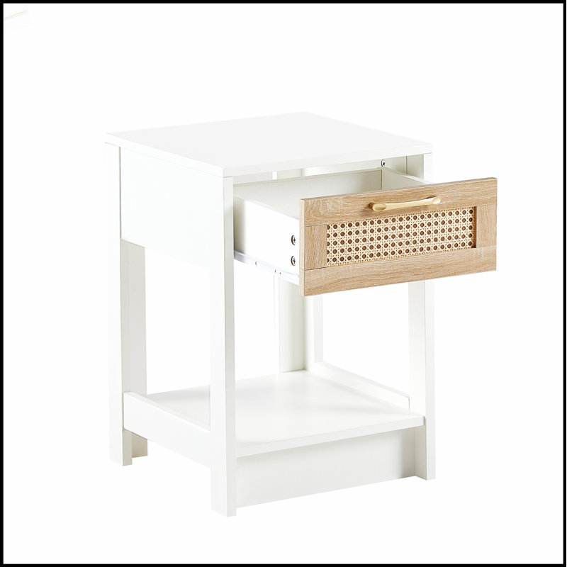 Table de bout en rotin 15,75 pouces avec tiroir, table de chevet moderne pour le salon et la chambre à coucher, blanc