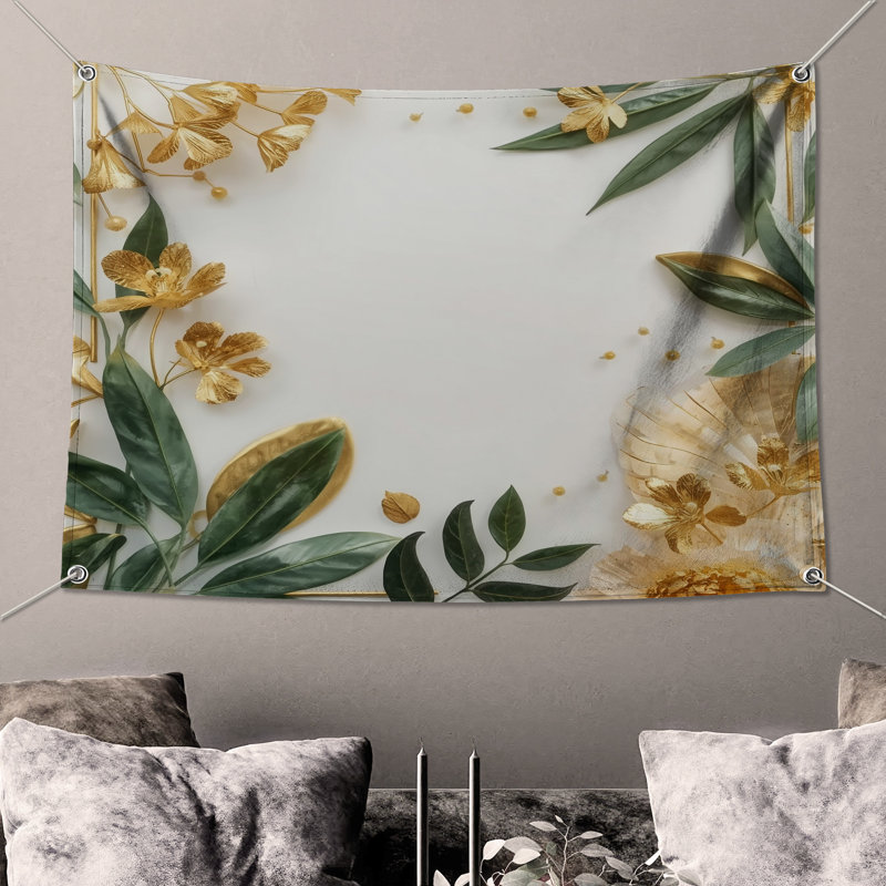 Tapisserie murale feuillage vert doré - décoration murale florale, 50in H x60in W with 4 Grommets