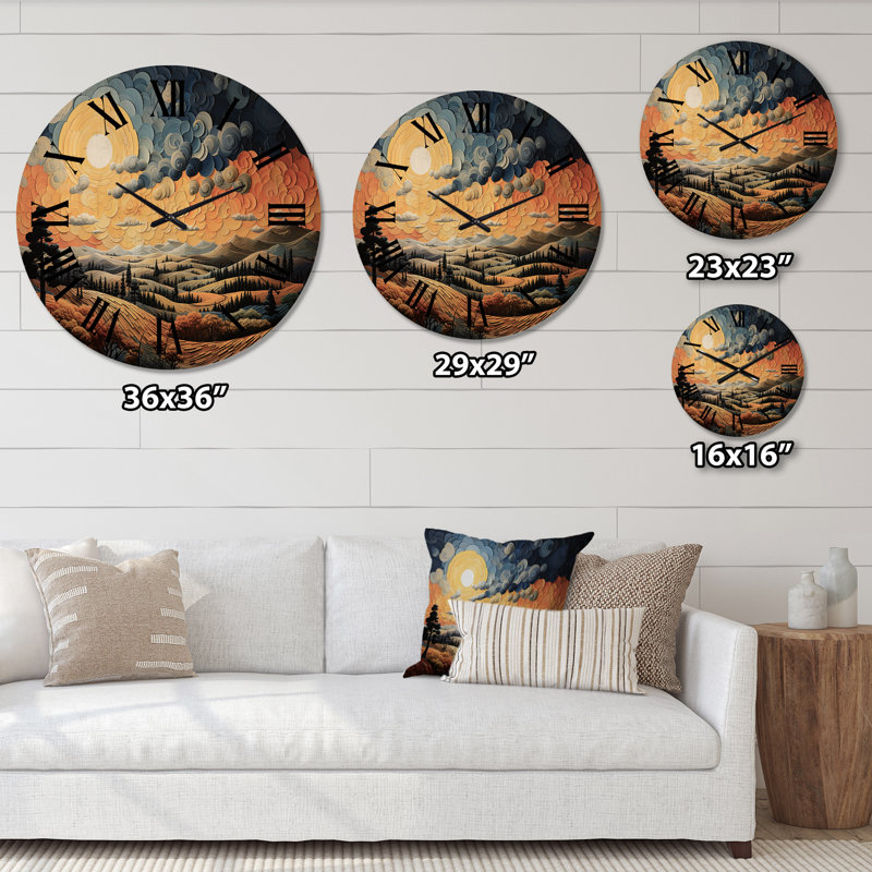 Countryside Yellow And Blue Hills Patchwork I - Modern Oversized Wood Wall Clock, Large
