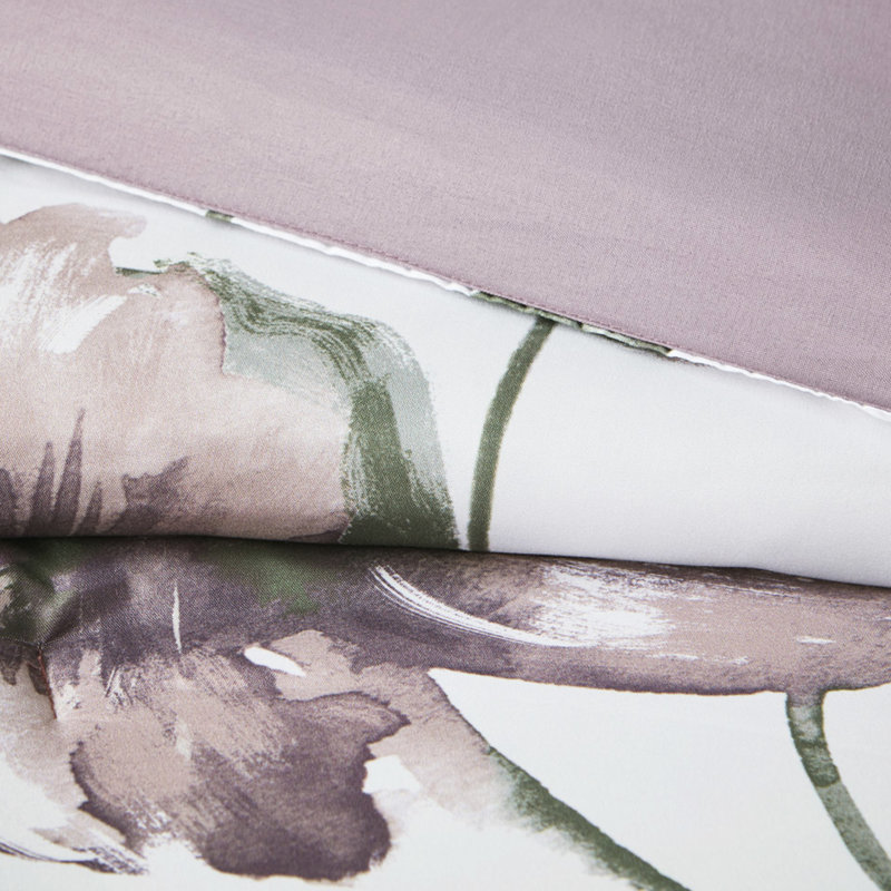 Édredon 100% avec imprimé floral et motifs mauves, Édredon double et 5 pièces supplémentaires