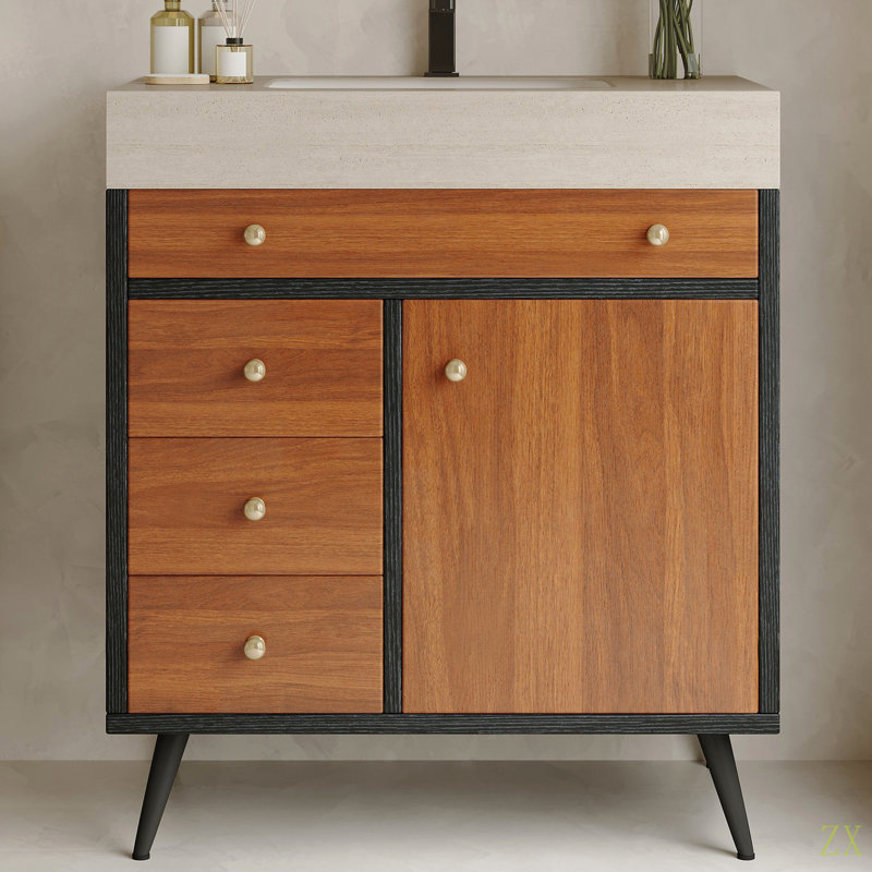 Modern Free-Standing Bathroom Vanity With Ceramic Sink &  Sintered Stone Top, Black/Gold/Stone Grey/Walnut/White